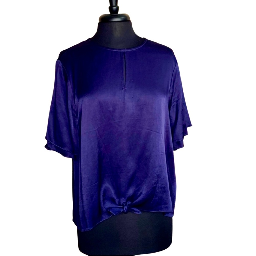 ALLISON JOY Evereve Navy Blouse Large Satin Tie Front Blue Top